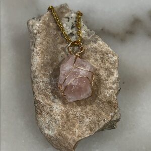 Gold and Pink Rose Quartz Wire-Wrapped Pendant Necklace